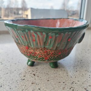 Keraminis rankų darbo dubuo „Žali taškai“